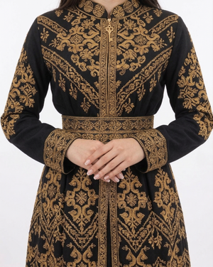 Alhaifawi | Black dress with gold embroidery on a white background