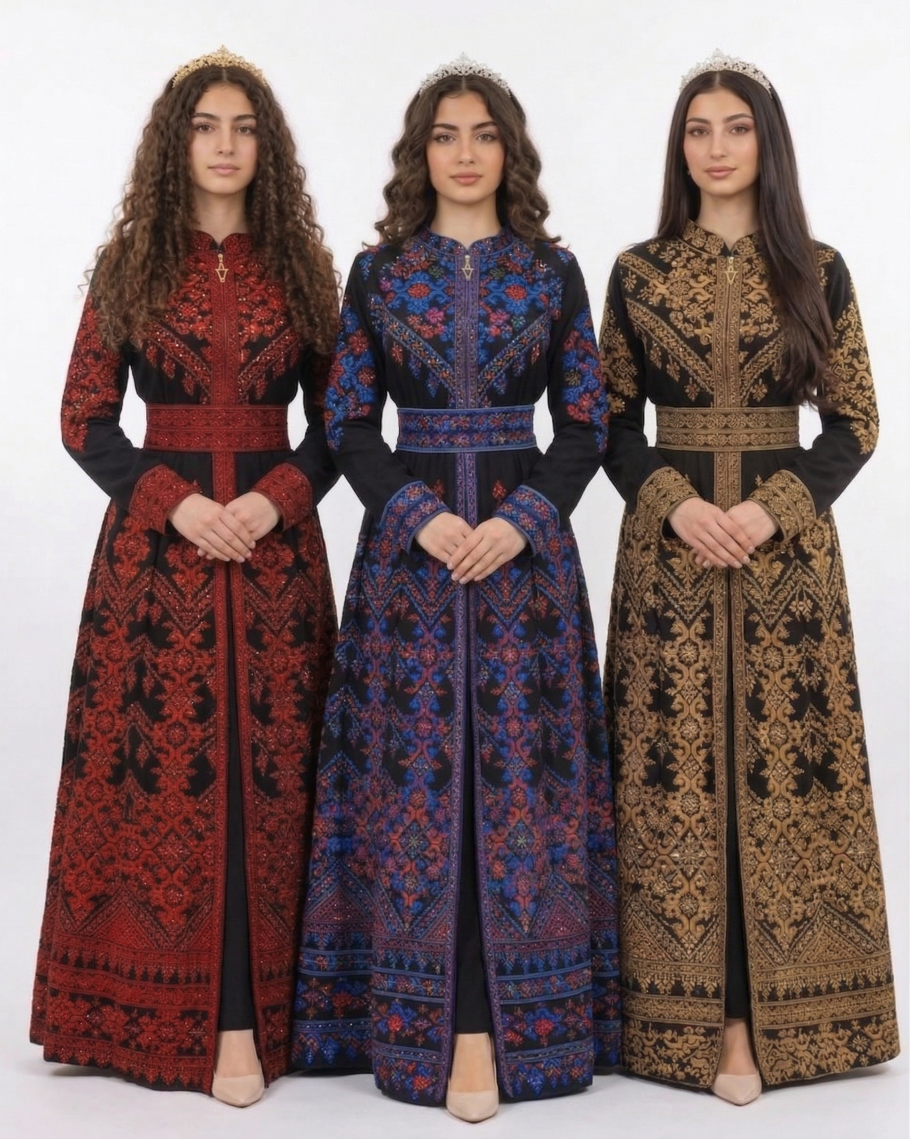 Alhaifawi | Three women wearing traditional embroidered dresses on a white background
