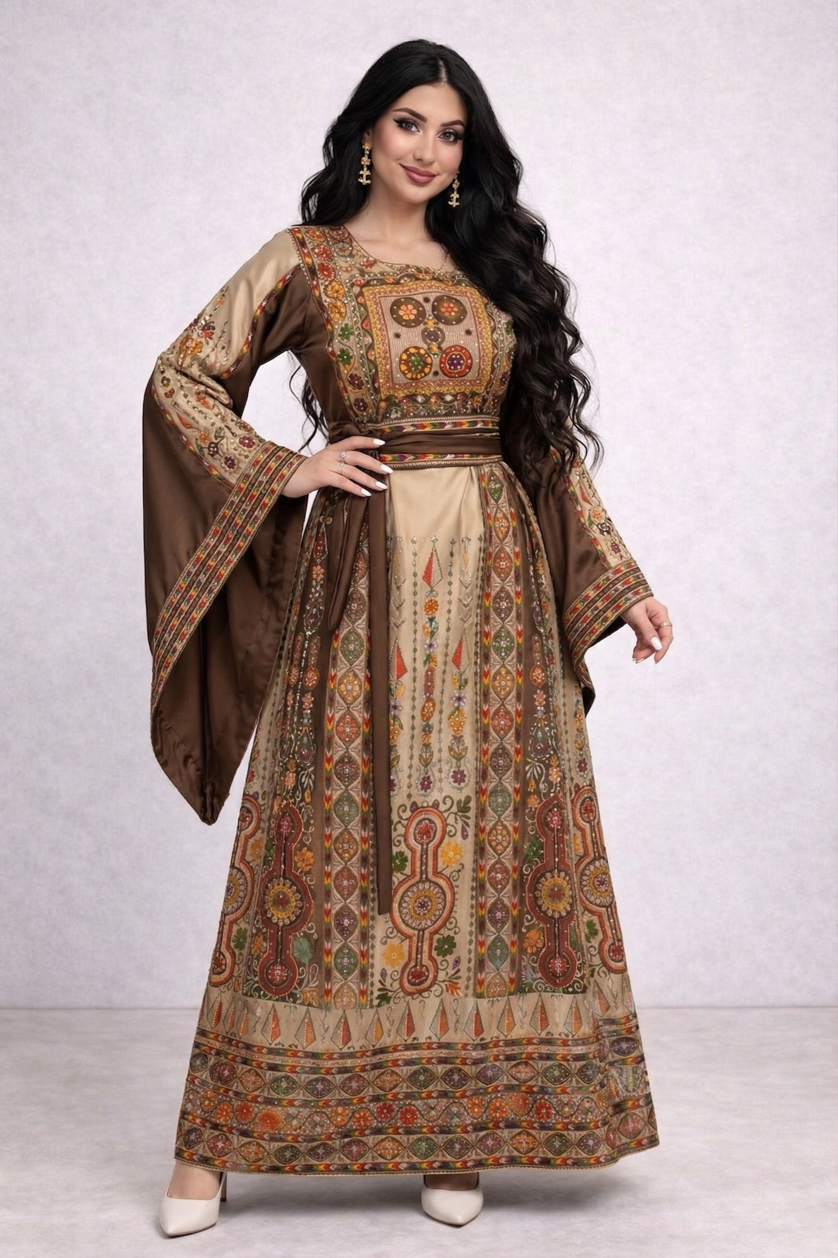 Alhaifawi | Woman wearing a patterned dress with long sleeves on a white background