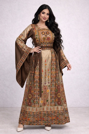 Alhaifawi | Woman wearing a patterned dress with long sleeves on a white background