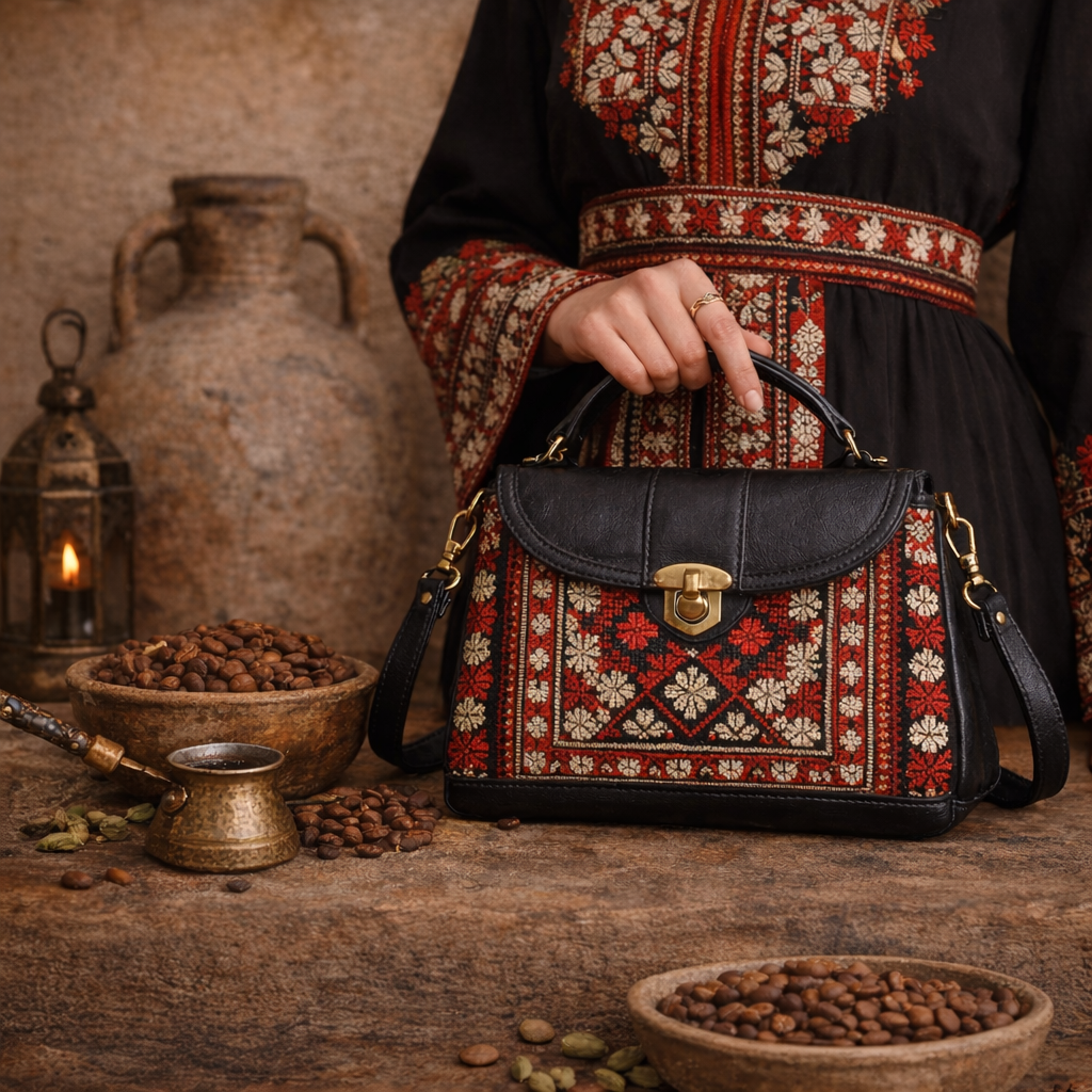 Alhaifawi | Person holding a traditional embroidered handbag with rustic background