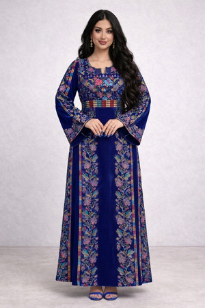 Alhaifawi | Woman wearing a blue floral dress against a white background