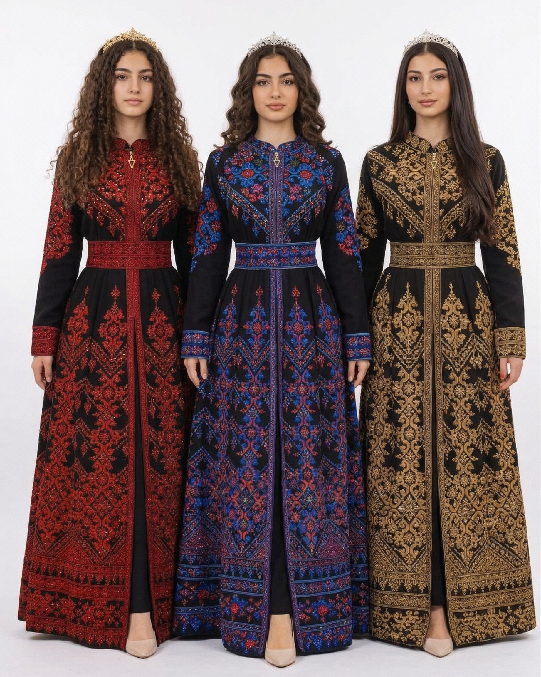 Alhaifawi | Three women wearing intricately designed dresses with patterns on a white background