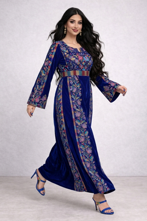 Alhaifawi | Woman wearing a blue floral dress on a white background